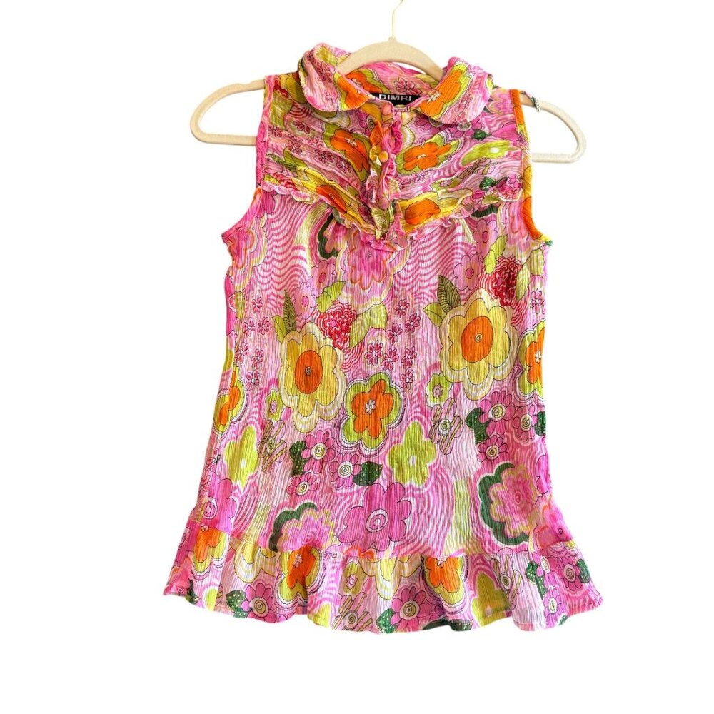 Dimri Floral Ruffle 1/4 Button Collared Button Blouse Top Women Size Medium